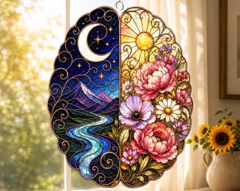 Brain Flower Acrylic Suncatcher, Stained Glass Window Hanging, Psychology Gift