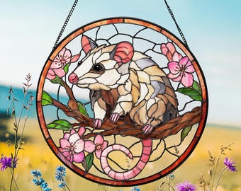 Opossum Cherry Blossom Faux Stained Glass  Suncatcher, Rustic  Window Hanging