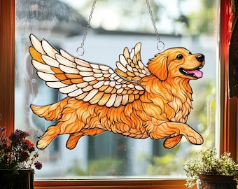 Golden Retriever Memorial Suncatcher, Winged Dog Window Hanging, Pet Loss Keepsake
