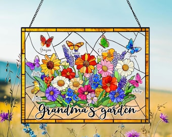 Personalized Grandma’s Garden Faux Stained Glass Suncatcher, Custom Flower Name Window Hanging