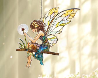Fairy Dandelion Suncatcher, Forest Window Hanging, Acrylic Garden Decor
