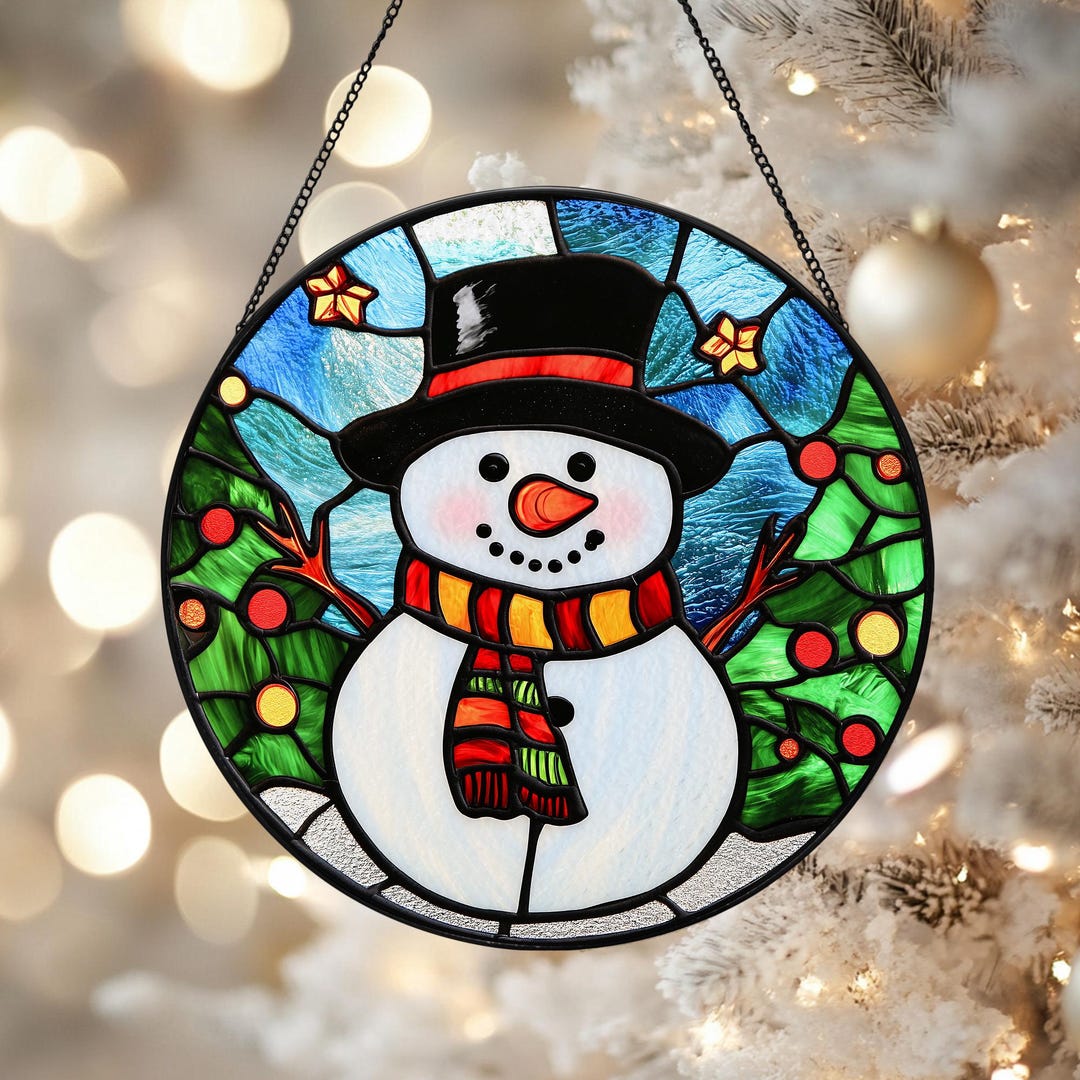 Snowman Faux Stained Glass Suncatcher, Christmas Window Hanging ...