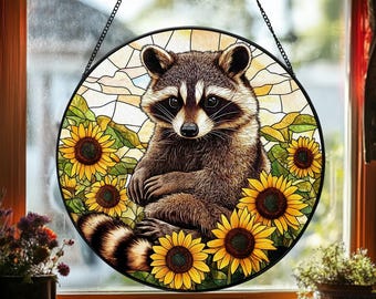 Raccoon Sunflower Faux Stained Glass Suncatcher, Animals Style Window Hanging, Home Decor