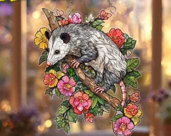 Floral Opossum Acrylic Suncatcher, Possum Window Hanging, Wildflower Branch Decor
