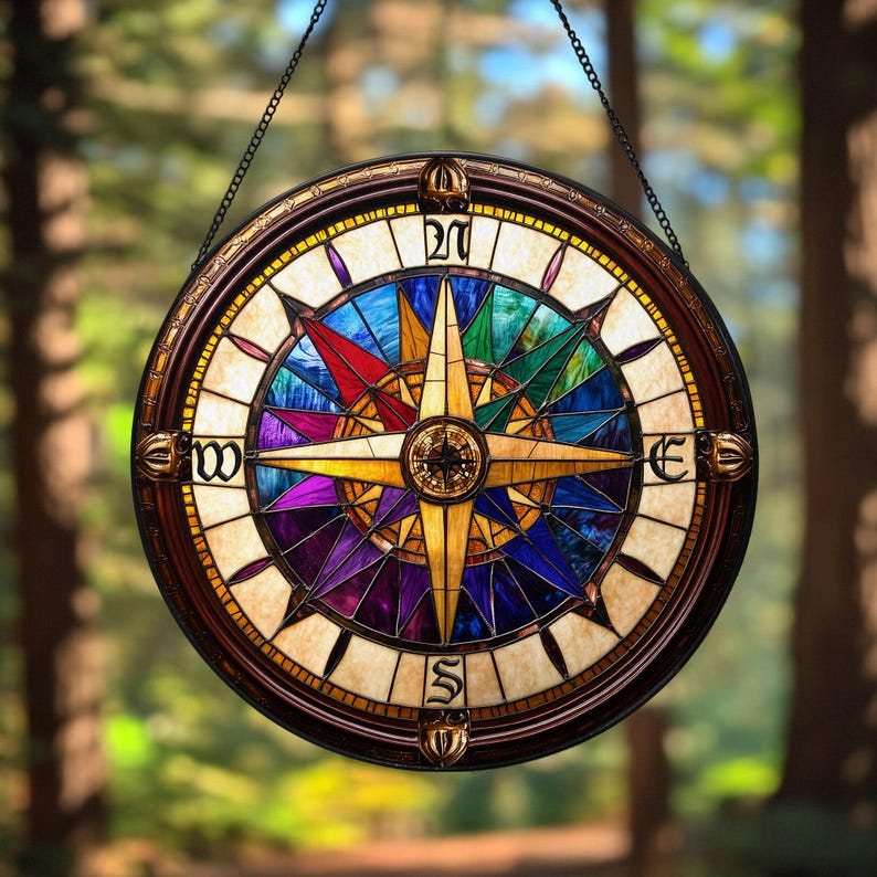 Compass Rose Faux Stained Glass Suncatcher: Nautical Window Hanging - Etsy
