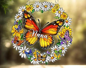 Personalized Grandma Butterfly Acrylic Suncatcher, Nana Kids Name Floral  Window Hanging, Mother's Day