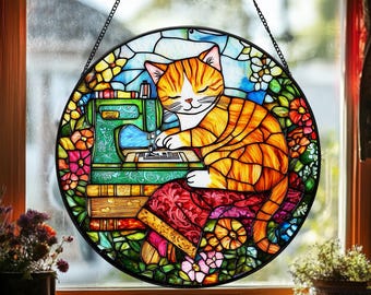 Sewing Machine Cat Faux Stained Glass Suncatcher, Floral Glass Window Hanging
