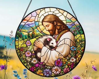 Jesus Hugging Opossum Faux Stained Glass Suncatcher