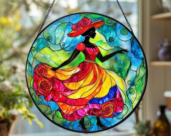African American Woman Faux Stained Glass Suncatcher, Colorful Folklore Window Hanging