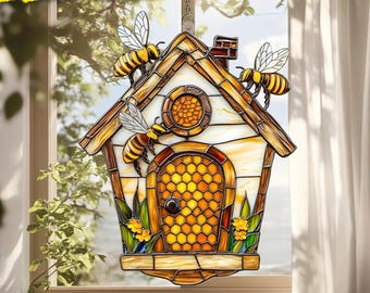 Bee Hive Honeycomb Acrylic Suncatcher, Floral Acrylic Window Hanging