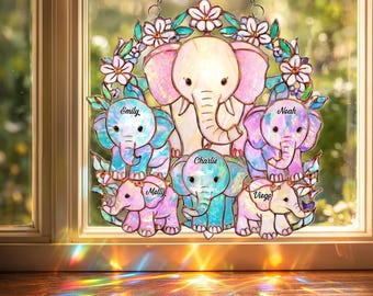 Personalized Elephant Grandma Acrylic  Suncatcher, Custom Family Names Window Hanging