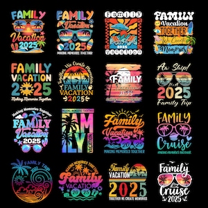 Puede incluir: Una colección de diseños gráficos coloridos con el tema de las vacaciones familiares. Cada diseño incluye texto como "Family Vacation 2025" o "Family Cruise 2025", junto con gafas de sol, palmeras y elementos de playa.
