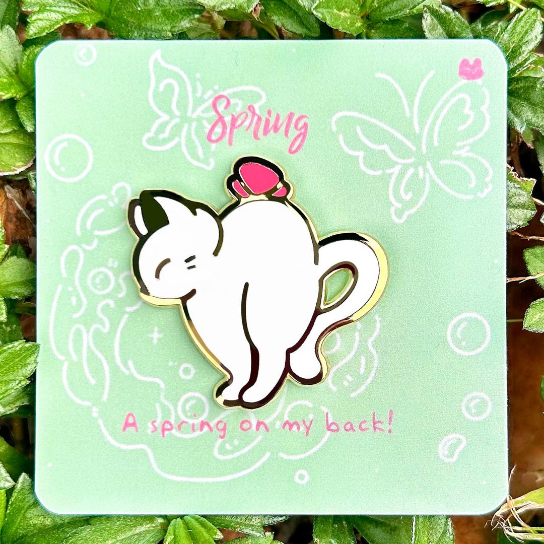 Spring White Cat Enamel Pin With Butterfly - Handmade Kitty Brooch ...