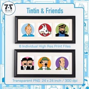 Tintin Wall Art | 6 High Res Transparent PNG files | 24x24 inch 300dpi | Captain Haddock | Calculus | Snowy | Thompson & Thomson | Nestor