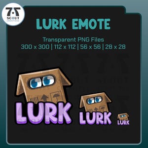 Puede incluir: Archivos PNG digitales con un personaje de caja de dibujos animados con ojos azules, etiquetado como "LURK EMOTE". El diseño incluye el texto "LURK" en morado y blanco, con opciones de tamaño: 300x300, 112x112, 56x56 y 28x28 píxeles.