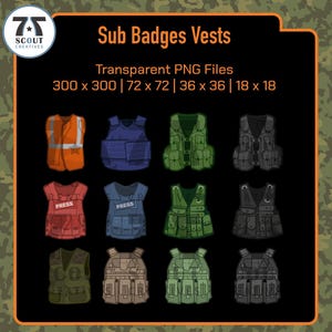 May include: A digital graphic featuring twelve different tactical vest designs in various colors, including orange, blue, green, and black. Some vests have the word "PRESS" printed on them. The image also includes the text "Sub Badges Vests" and "Transparent PNG Files".