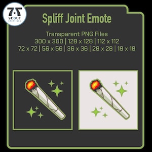 Puede incluir: Gráfico digital de un emote de porro con un extremo encendido y acentos de estrellas verdes. La imagen está disponible como archivos PNG transparentes en varios tamaños, incluyendo 300x300, 128x128 y 112x112 píxeles. El logotipo de Scout Creatives está en la esquina superior izquierda.