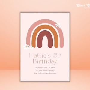 Boho Rainbow Birthday Invitation Template | Editable Canva 5th Birthday Invite | Girl Birthday Party | Instant Download