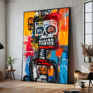 Arte de grafiti con forma de robot con calavera, impresión de pared cyberpunk colorida, decoración de arte callejero urbano, regalo para jugadores