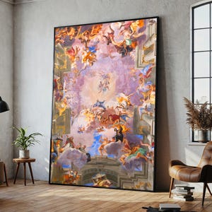 Dipinto su tela con affresco barocco per soffitto, pronto da appendere, regalo, arte murale rinascimentale colorata per soggiorno o corridoio di lusso