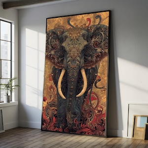 May include: Large framed art print featuring a detailed illustration of an elephant. The artwork showcases intricate patterns in shades of brown, gold, and red. The elephant has large tusks and is set against a decorative background.