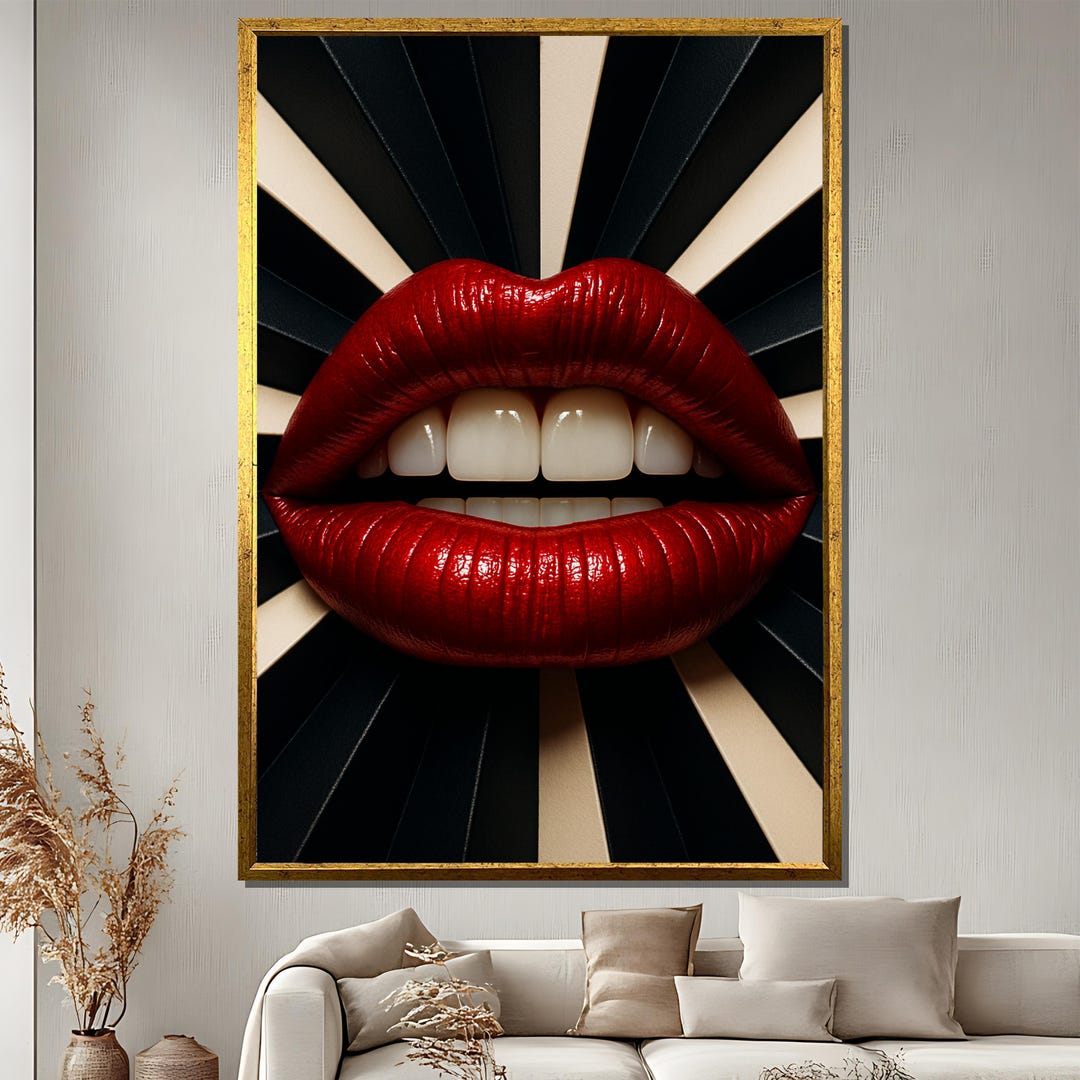 Radiant Lips Canvas Painting – Red Pop Art Wall Decor With Sunburst ...