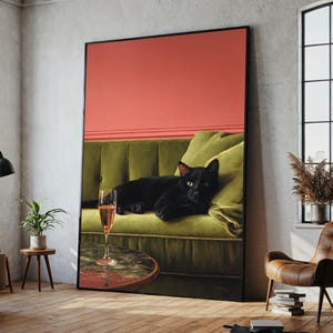 Black Cat Lounge Canvas Art – Chic Retro Wall Decor with Wine Glass, Ready to Hang Gift for Cat Lovers and Cool Homes
