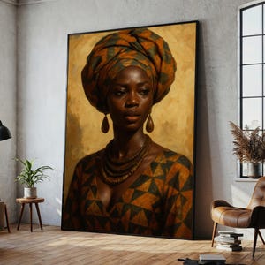 Elegant African Woman Canvas Painting, Ready to Hang Wall Art, Perfect Gift for Boho Home Decor