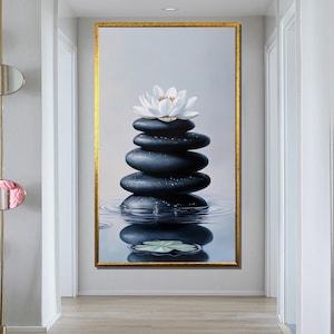 Zen Stones and Lotus Flower Canvas Painting, Minimalist Spa Wall Art for Calm Decor, Peaceful Gift Idea
