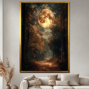 Magical Moonlit Forest Canvas Painting, Mystical Night Scene Wall Art, Dreamy Celestial Print, Enchanted Nature Decor, Large Home Gift
