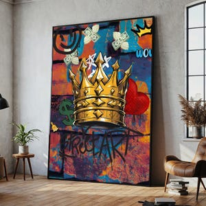 Art mural graffiti couronne dorée, toile pop art urbaine, impression d&#39;art de rue moderne, décoration expressionniste colorée, cadeau oeuvre d&#39;art unique
