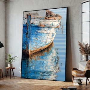 Rustic Blue Boat Canvas Wall Art – Coastal Nautical Decor, Ready to Hang Gift for Beach House or Lake Cabin Style