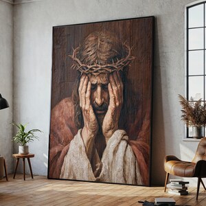 Jesus with Crown of Thorns Canvas Painting, Emotional Christian Wall Art, Ready to Hang Spiritual Decor, Faith Gift, Rustic Art