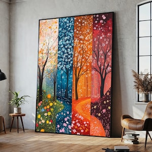 Four Seasons Trees Canvas Painting, Colorful Nature Wall Art, Vibrant Seasonal Landscape Print, Artistic Home Decor, Large Gift