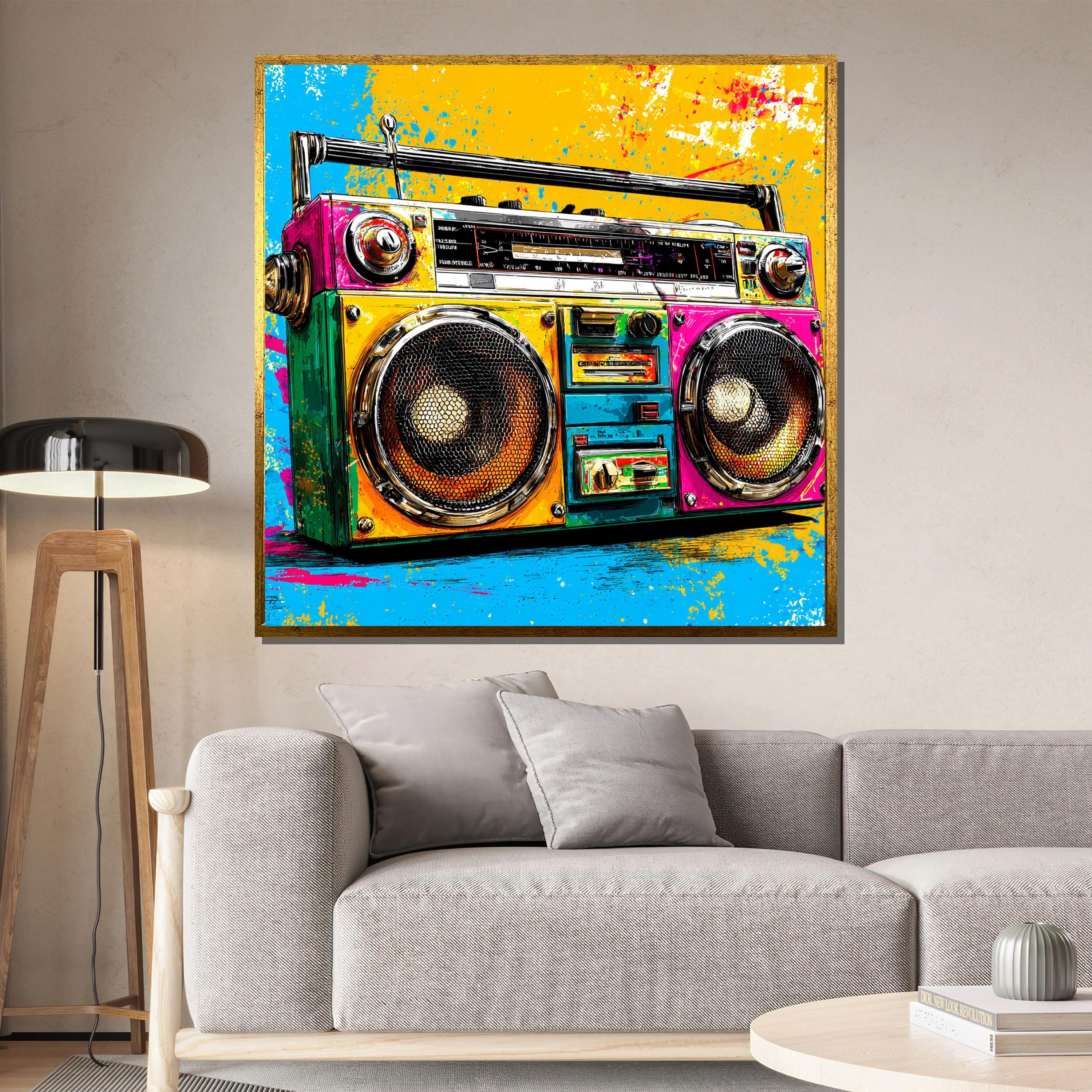 Retro Boombox Pop Art Canvas Painting – Colorful Vintage Music