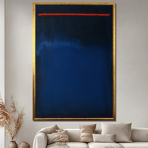 Mark Rothko Navy Blue and Red Line Canvas Painting, Minimal Abstract Wall Art, Modern Canvas Painting Gift