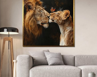 Löwen Paar Gemälde, Romantische Wildtier Wand Kunst, Safari Tier Dekor, König und Königin Kunstwerk, Liebe Geschenk für Zuhause