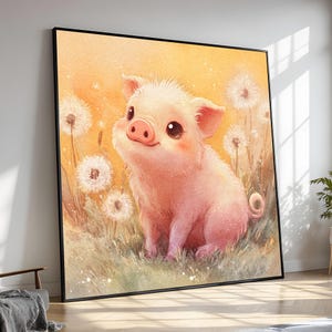 Cute Baby Piglet in Dandelion Field Canvas – Adorable Farm Animal Wall Art, Whimsical Gift for Nursery, Kids&#39; Room or Animal Lovers