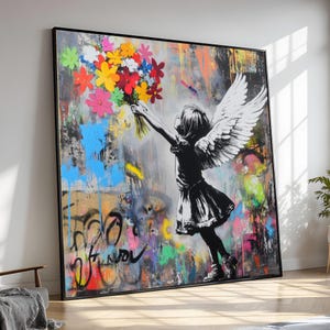 Angel Girl Street Art Canvas, Graffiti Pop Art Wall Decor, Urban Colorful Painting, Modern Home Artwork, Unique Gift