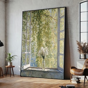 Sunlit Open Window with Flower Vase Canvas Wall Art, Peaceful Nature Still Life Print for Romantic, French Cottage or Vintage Decor
