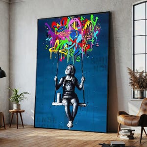 Colorful Graffiti Art Print, Street Art Girl on Swing, Urban Wall Decor, Modern Pop Art, Graffiti Inspired Home Artwork, Fun and Bold Design
