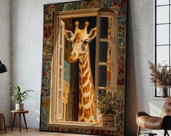 Wunderliche Giraffe Fenster Leinwand Gemälde - fertig zum Aufhängen Tier Wand Kunst, bunte Wohnkultur