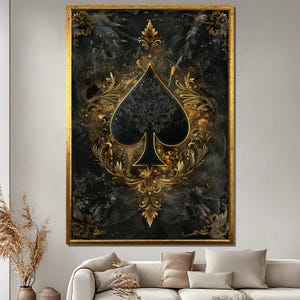 Pintura en lienzo dorada con espada negra, arte de pared, impresión de naipes barrocos de lujo, regalo para él, decoración de oficina o sala de estar.
