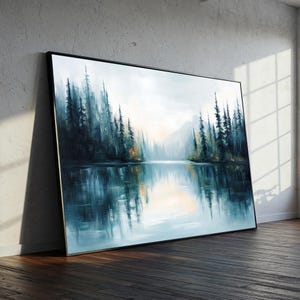 Misty Lake Forest Canvas Painting, Serene Nature Wall Art, Soft Reflection Landscape Print, Peaceful Woodland Scene, Large Home Gift