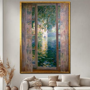 Open Window View to a Serene Water Garden Canvas Wall Art, Impressionist Nature Light Reflection Print for Peaceful Home Interiors