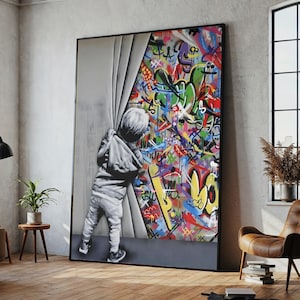 Banksy Curious Kid Wall Art, Street Art Canvas Print, Modern Pop Art Decor, Urban Graffiti Painting, Unique Artwork Gift