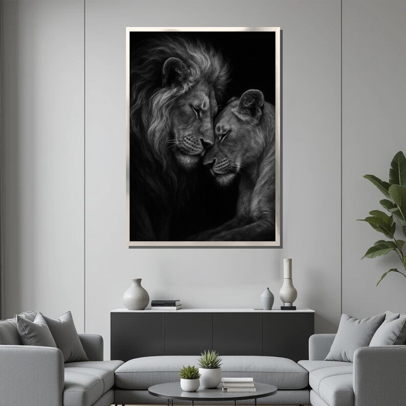 Lion Couple Canvas Painting, Black and White Wildlife Wall Art, Romantic Animal Canvas Gift for Nature Lovers