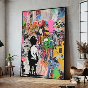 Banksy Inspired Kid Wall Art, Graffiti Pop Art Canvas, Urban Street Art Print, Modern Decor, Unique Artwork Gift