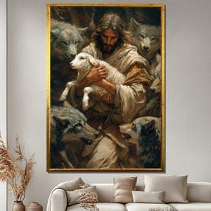 Jesus hält das Lamm, umgeben von Wölfen Malerei, christliche Leinwand Druck, spirituelle Stärke Kunst, auf Glauben basierendes Wohndekor