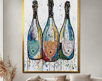Bunte Champagnerflaschen Kunstdruck, Pop Art Stil, abstrakte Champagnerflaschen, moderne Alkoholkunst, lustige und lebendige Wanddekoration